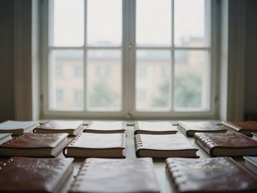 Focused academic environment with leather-bound registrar ledgers, soft overcast daylight through a tall window.