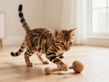 An active Bengal kitten playing with a wooden toy on a light wooden floor, soft warm lighting