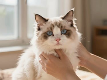 Close-up of a Ragdoll kitten being held gently by human hands in a sunlit room, warm tones, shallow depth of field