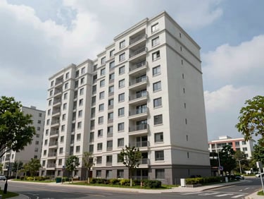 Wide exterior shot of a mid-rise residential apartment block under overcast natural daylight, full building facade visible with surrounding street context and trees, no models