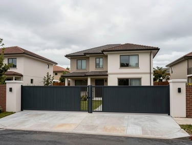 Wide exterior of a low-rise gated residential complex, overcast daylight, context of surrounding neighbourhood visible, clean building entrance in foreground, no people