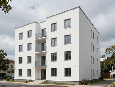 Wide exterior shot of a completed four-storey residential apartment block, overcast daylight, clean white façade, surrounding street and trees visible, no people
