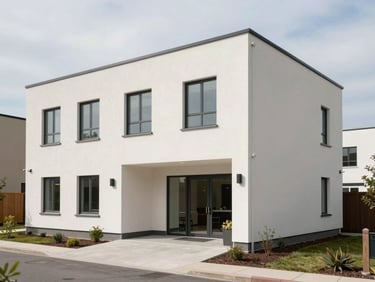 Wide exterior shot of a newly completed compact residential block, fresh external plaster, entrance lobby visible, paved driveway, overcast daylight, no people