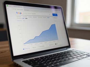 Close-up of a laptop screen on a wooden desk showing a Google Search Console rankings dashboard with upward-trending position graphs, late afternoon window light from the right, shallow depth of field, no people visible — data-forward and specific
