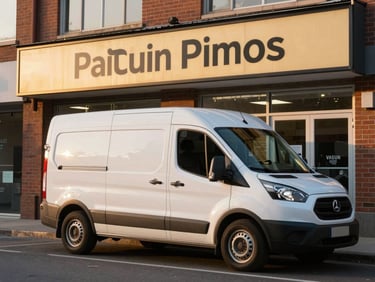 Wide shot of a plumbing van parked outside a brick storefront at early morning, owner unlocking the front door, warm golden light raking across the signage