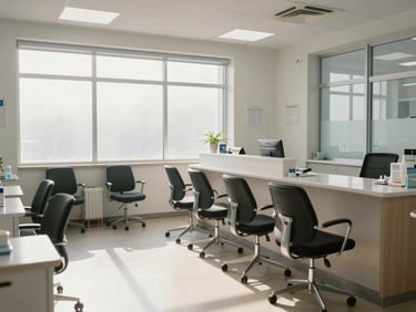 Interior of a dental office reception area at opening time, empty chairs, morning light through frosted windows, clean and quiet before patients arrive