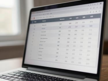 Close-up of a laptop screen showing a local keyword ranking dashboard with position numbers and map-pack indicators, natural window light from the left, shallow depth of field
