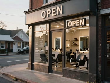 Wide shot of a hair salon storefront from the street, open sign lit, morning light on the window lettering, quiet neighborhood street in background
