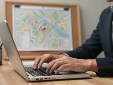 Tight crop of hands typing on a laptop keyboard in a small business office, a printed neighborhood map pinned to the corkboard behind, warm incandescent light, shallow focus