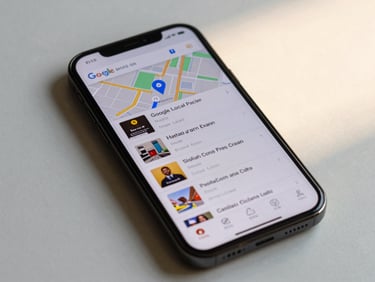 Close-up of a smartphone screen displaying a Google Maps local pack result with a business pinned in the top three, late-afternoon golden light on the phone surface, clean white desk underneath