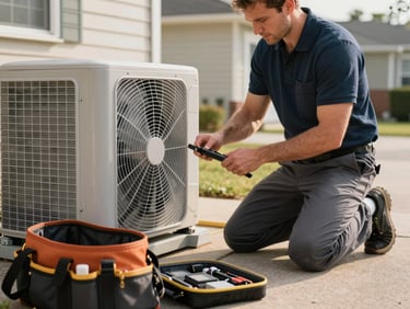 HVAC technician kneeling beside an outdoor unit at a residential home, afternoon side-light, tool bag open on the driveway, focus on the technician's hands