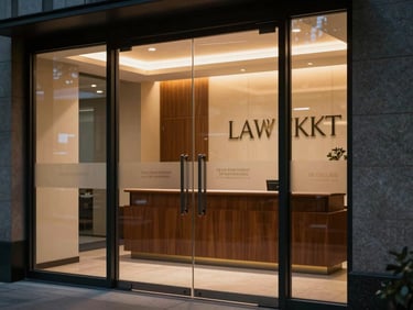 Law firm reception desk seen through glass entrance doors at dusk, interior warm light against dark exterior, firm name etched on frosted glass panel