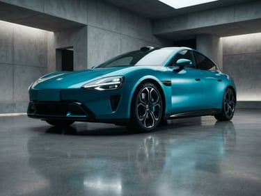 Low-angle heroic shot of a metallic teal Xiaomi SU7 parked in a minimalist concrete showroom, dramatic reflections, sharp details, 35mm lens