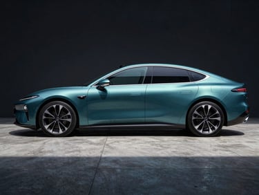 Heroic low-angle profile shot of a metallic teal electric sedan parked on a modern concrete pad, high-contrast studio lighting, sharp reflections, cool metallic tones