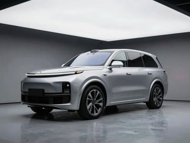 Sleek metallic silver Li Auto L9 premium SUV parked in a modern minimalist garage, overcast soft daylight highlighting curves, 35mm lens