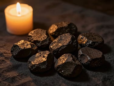 Close-up of hot basalt stones resting on dark linen, soft candlelight, deep shadows, warm gold accents