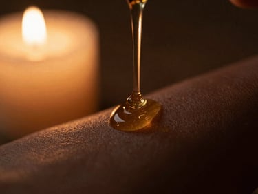 Macro close-up of warm botanical oil trickling onto skin, soft candlelight, rich bronze tones, shallow depth of field