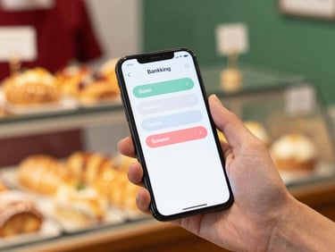 A hand holding a smartphone displaying a clean, friendly mobile banking app with soft rounded buttons, set against a background of a cozy Scandinavian bakery, shallow depth of field.