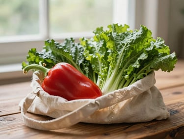 A close-up of a rustic wooden table with fresh vegetables in a linen bag, soft morning light filtering through a window, rich green tones.