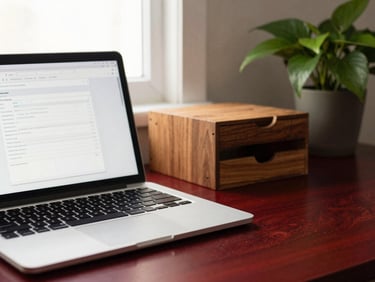 An uncluttered workspace with a laptop showing a clean wireframe, a small wooden desk organizer, and a soft green plant, natural light.