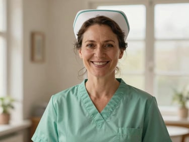 Warm portrait of a friendly Dutch female nurse in her 40s wearing a simple green blouse, smiling warmly in a cozy home environment, soft window light.