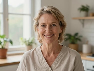 Warm portrait of a friendly Dutch female caregiver in her 50s with kind eyes, smiling in a bright kitchen with plants in the background, soft natural light.