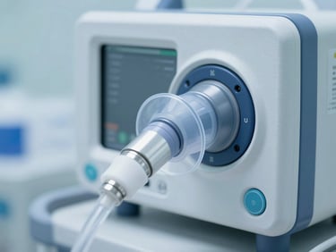 Macro shot of a high-end medical ventilator interface in a sterile ICU environment, cool blue and silver tones, clinical daylight, crisp details.