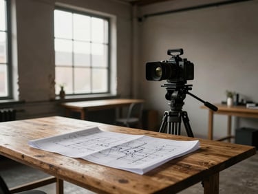 Cozy Scandinavian-style industrial studio interior, warm ambient warehouse glow, camera rig on a tripod next to a heavy oak table with technical blueprints, soft natural window light.