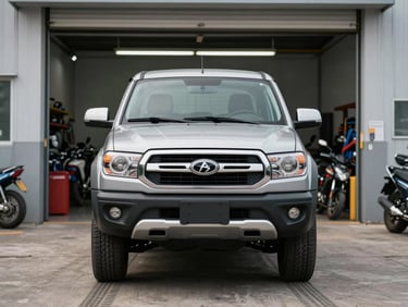 Front-angle view of a double-cab pickup truck backing into a motorcycle dealership service bay entrance, overcast daylight, tire tracks on concrete floor, workshop tools visible in background depth
