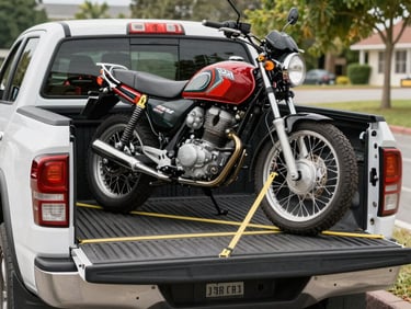Overhead close-up of a motorcycle secured on the bed of a double-cab pickup truck, bright orange ratchet tie-down straps crossing the frame diagonally, asphalt road visible below the open tailgate, strong midday sunlight, mechanical detail sharp