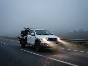 Wide environmental shot of a double-cab pickup truck on a dark empty highway at night, headlights cutting through light fog, motorcycle silhouette secured on the flatbed, road markings stretching ahead, low horizon