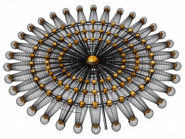 Technical diagram of interconnected system parameters, wireframe rendering with amber nodes, orthographic projection.