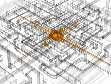 Abstract digital illustration of a complex algorithmic pathway, high-contrast wireframe with amber accents, orthographic projection.