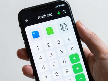 A close-up of a hand holding an Android phone showing a clean, high-contrast calculator and file manager interface with sharp neon green accents.