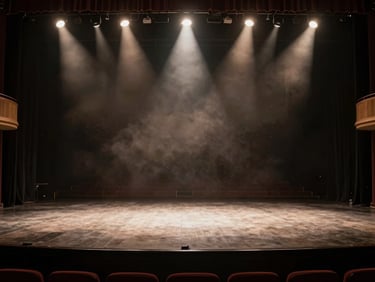 Wide environmental shot of an empty theatre stage with dramatic overhead spotlighting, dust particles visible in the air, dark background