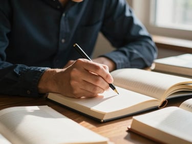 An individual thoughtfully writing in a notebook, surrounded by open books, warm natural light, shallow depth of field, conveying reflection and study.