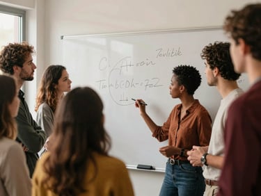 Diverse group of educators collaborating around a large whiteboard, brainstorming ideas, warm natural light, shallow depth of field, rich deep tones.