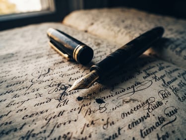 Cinematic macro shot of a vintage fountain pen resting on dense manuscript paper, dramatic high-contrast lighting, deep navy shadows and warm gold highlights, 35mm film grain