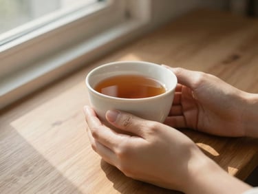 Hands holding a ceramic cup of warm tea, soft focus, morning sun casting gentle shadows on a wooden table, muted terracotta tones.