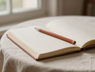 A close-up of an open notebook on a warm cream linen tablecloth, soft natural window light, terracotta pencil resting on the page, shallow depth of field.