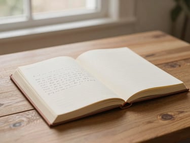 Soft diffused natural light illuminating an open journal with handwritten notes on a wooden table, warm cream tones.