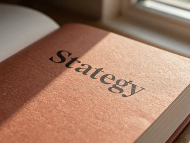 Close-up of a beautifully printed brand strategy book on textured terracotta paper, soft golden sunlight casting elegant shadows.