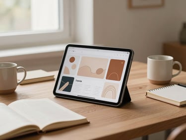 A warm, minimalist workspace with a tablet showing abstract interface designs, surrounded by soft-toned ceramic mugs and notebooks.
