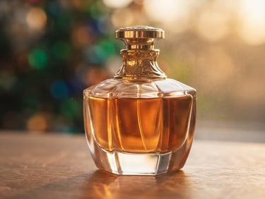 Macro product shot of a heavy glass perfume bottle catching warm diffused golden-hour window light, soft mist in the background, gold accents, shallow depth of field, 35mm.