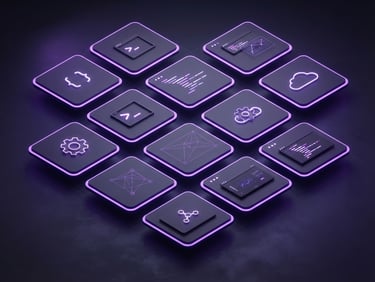 Sleek 3D user interface render of a developer's portfolio project gallery, showing minimalist cards with glowing purple borders