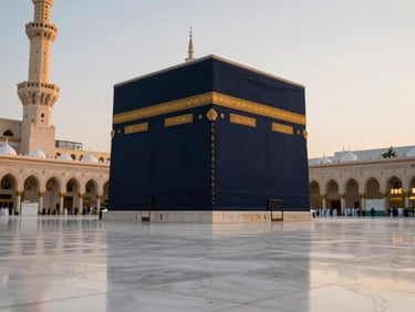 Serene wide shot of Masjidil Haram during golden hour, soft natural light reflecting on the white marble floor, elegant composition, 35mm