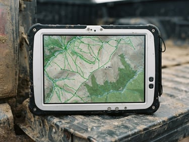 Macro shot of a ruggedized tablet screen showing high-resolution topographic contour lines and crisp green vector paths, resting on a truck tailgate, overcast daylight.