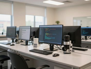 A clean modern technology lab with computer screens showing code, bright professional lighting, soft warm tones, 35mm lens