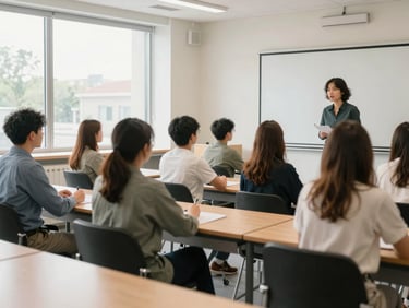 A collaborative workshop with professional educators and graduates in a modern clean classroom, natural daylight, 35mm lens