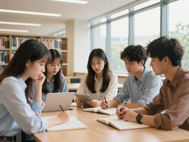 A group of focused young students collaborating around a table in a modern university library, natural daylight, warm tones, 35mm lens